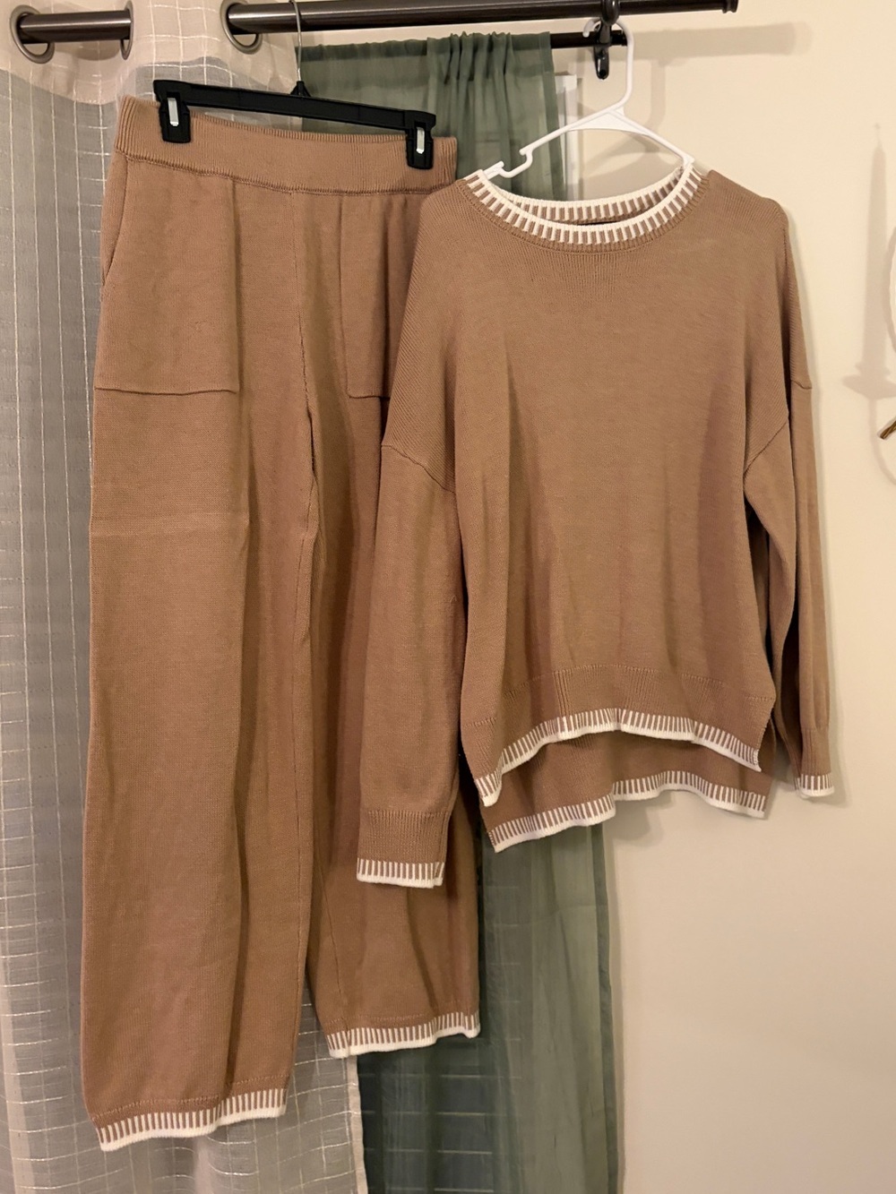 Two-Piece Knit Lounge Set in Camel with White Trim